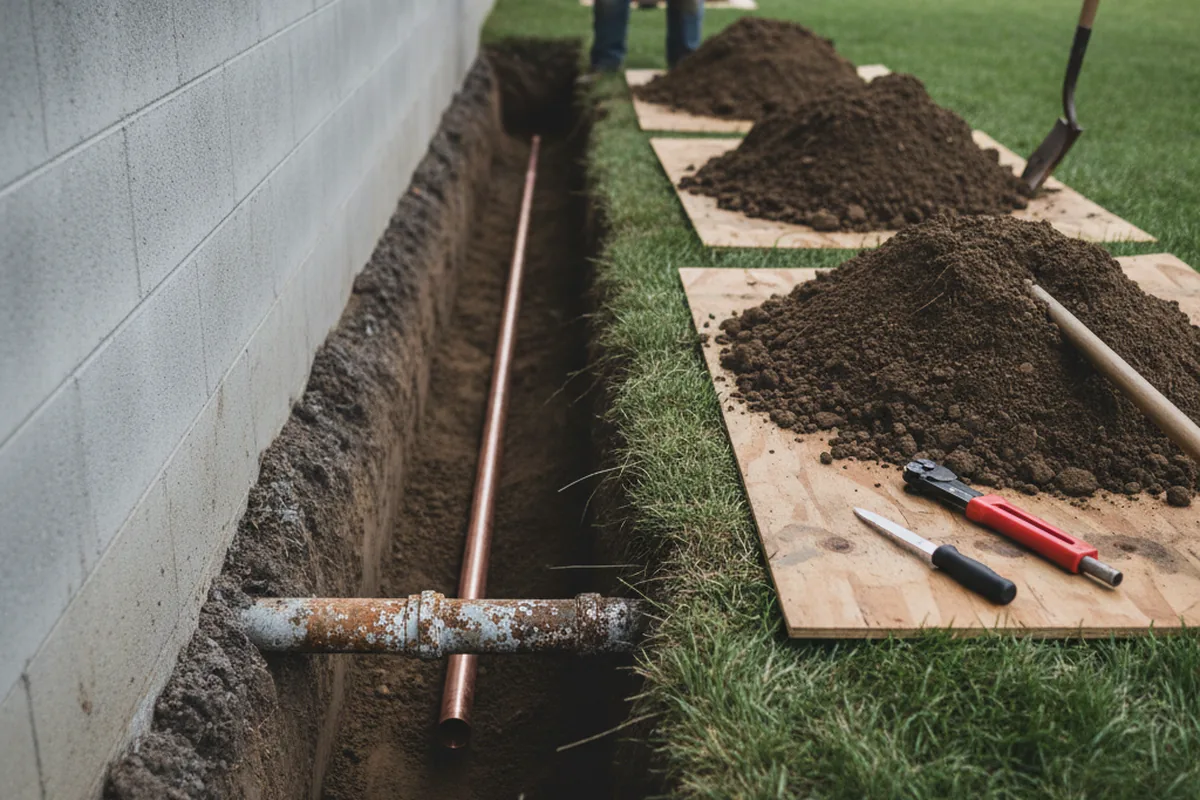 Excavated water line trench during Water Softener Installation in South River